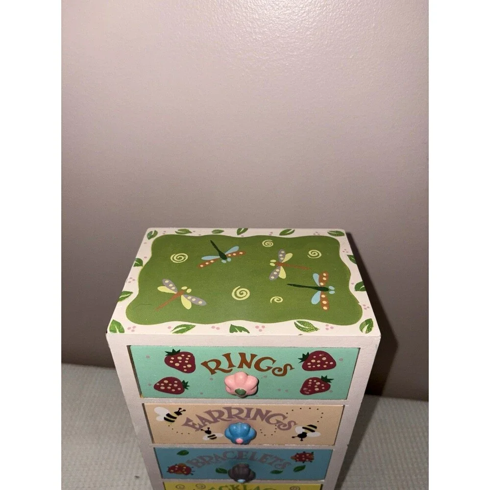 Vintage Y2K Wooden Mini Dresser Jewelry Box Kids Girls Hand Painted Trinket